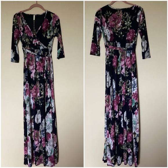 NWT Pinkblush Maternity Floral Surplice Tie Waist Pregnancy Maxi Dress Navy Blue - Picture 3 of 12